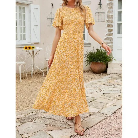 Women's Yellow Summer Casual Floral Print Short Flutter Sleeve Flowy Maxi Dress
